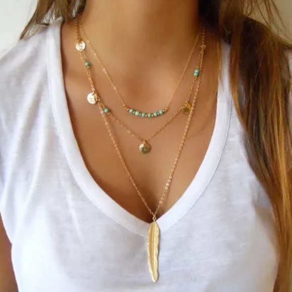 Jewelry - Multilayer Coin Tassel Feather Pendant Necklaces